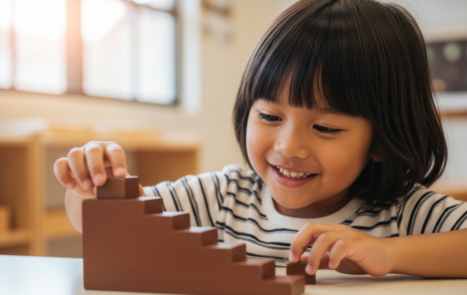 Child working with brown stair prisms in Montessori classroom