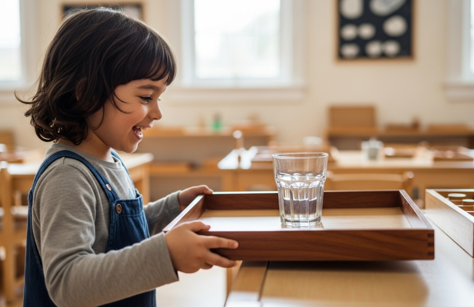 Child carefully carrying tray with glass of water in Montessori classroom