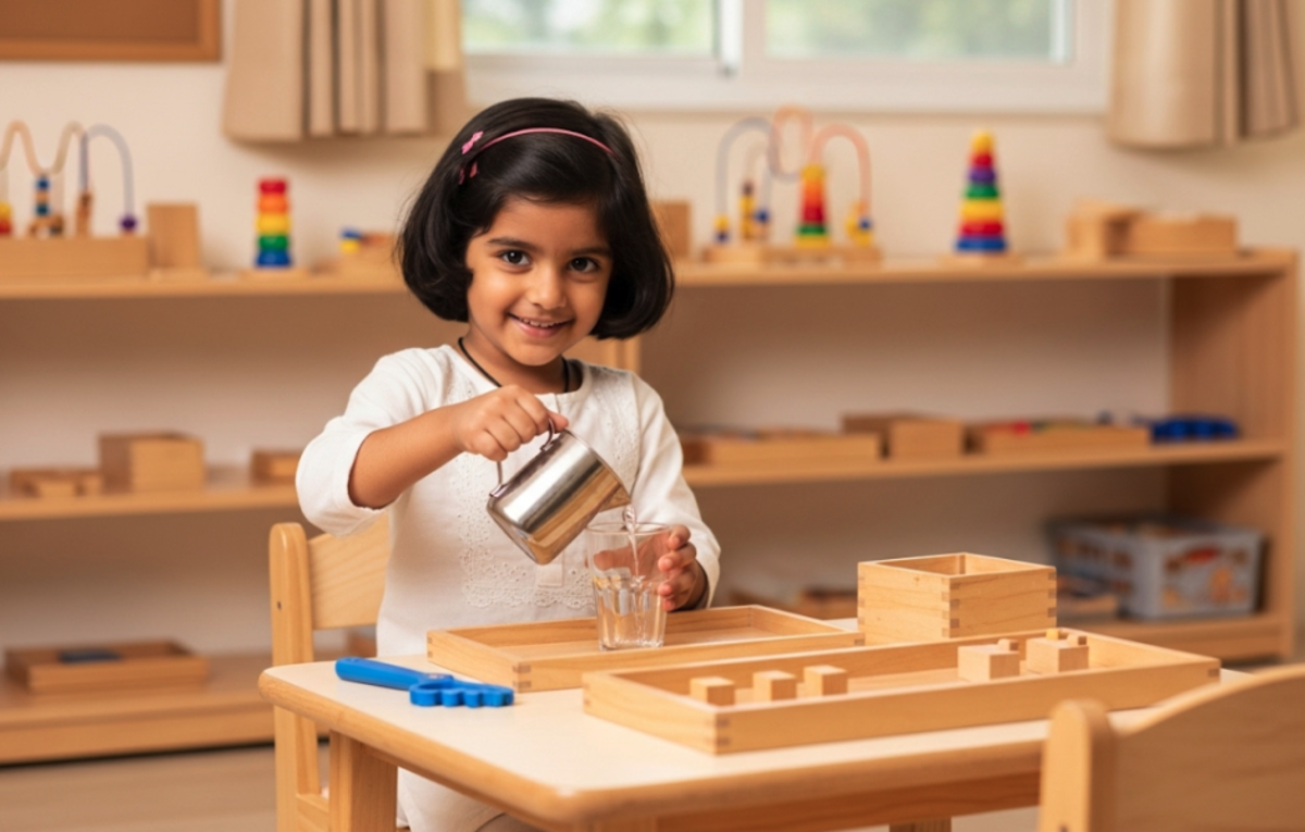 Child in Montessori classroom working with materials